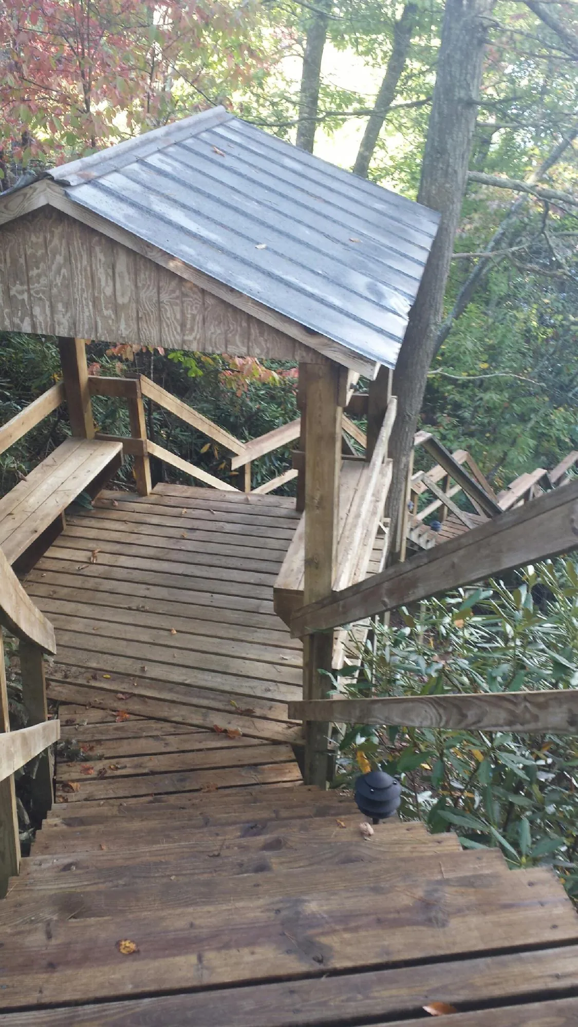 Metal roofed shelter over wooden steps on a wooded walkway — Skylight Repair & Installation work by our crew in Cedar Vale